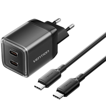 Vention Cargador de Pared GaN 45W con 2x USB-C y Cable USB-C TZ-FCFB0-EU Vention Cargador de Pared GaN 45W con 2x USB-C y Cable USB-C TZ-FCFB0-EU